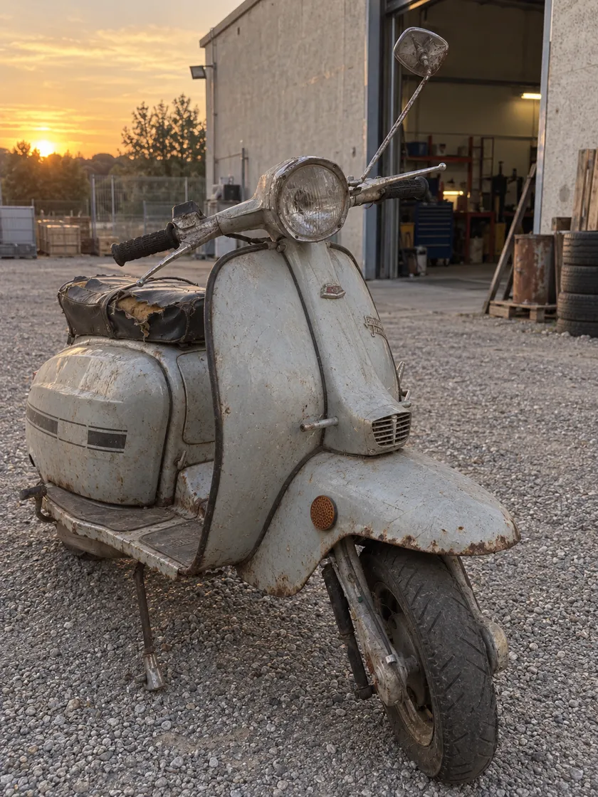La moto tal como llegó, cubierta de óxido y con la pintura levantada, en la campa del taller al atardecer.