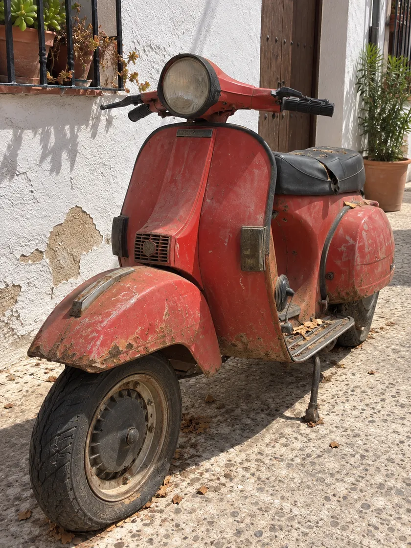 La moto antes de entrar al taller, con el rojo original apagado y desconchado, apoyada en una pared encalada.